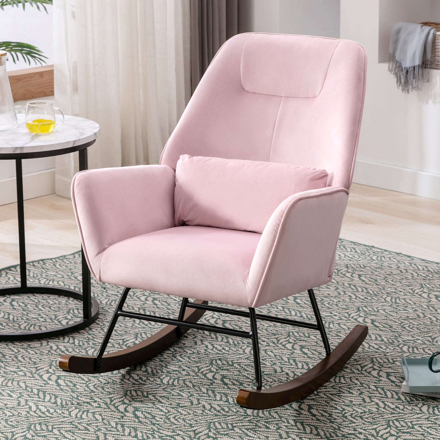 Fauteuil à Bascule en Velours Rembourré avec Support Lombaire,  Fauteuil Allaitement à Bascule pour Salon, Chambre d'enfant, Rose