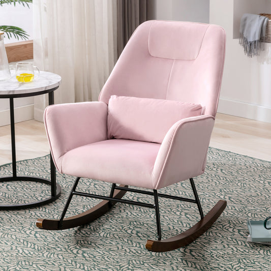 Fauteuil à Bascule en Velours Rembourré avec Support Lombaire,  Fauteuil Allaitement à Bascule pour Salon, Chambre d'enfant, Rose