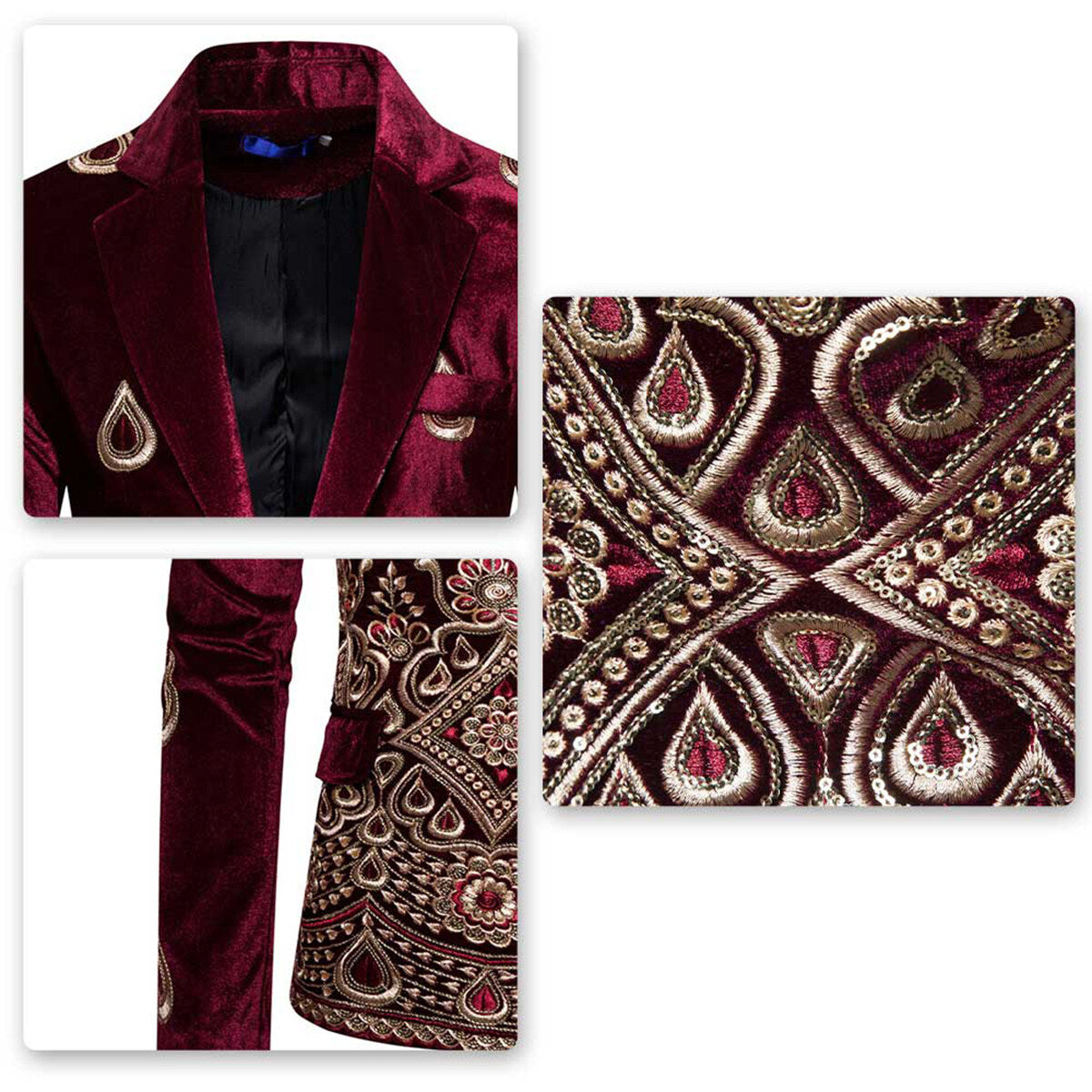 Youthup Mens Slim Fit Velvet Embroidery Party Evening Wedding Suit Blazer