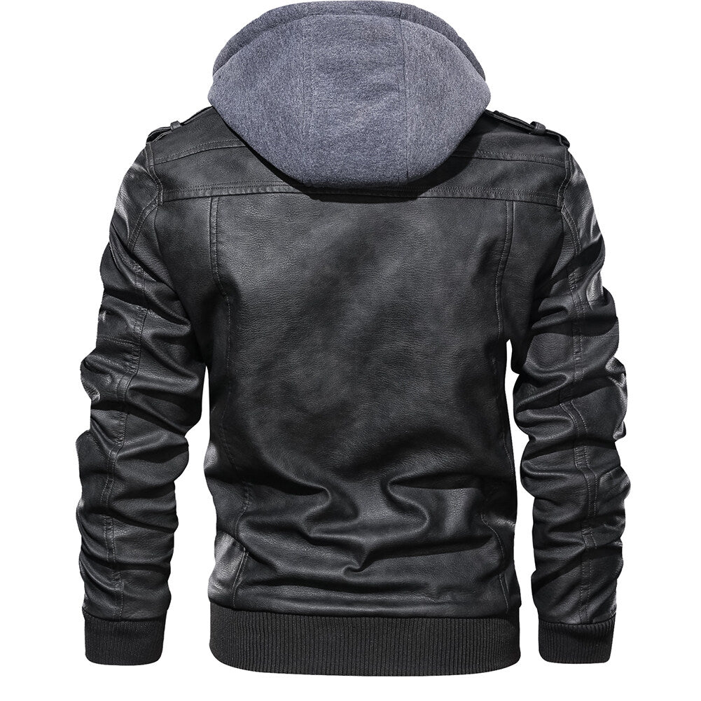 YOUTHUP Mens Casual Moto Style Lapel Hooded Leather Jacket