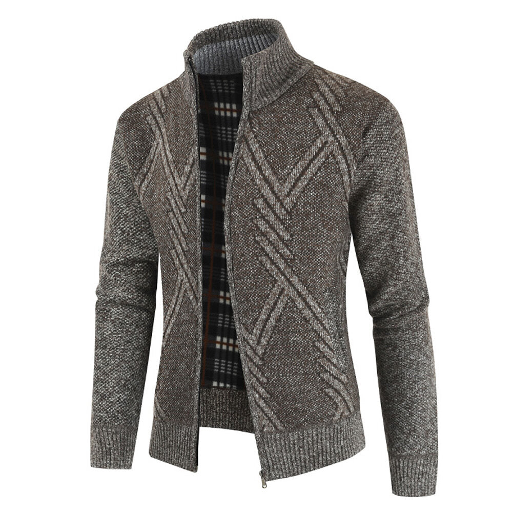 Youthup Mens Fleece Stand Collar Geometric Pattern Knitted Cardigan