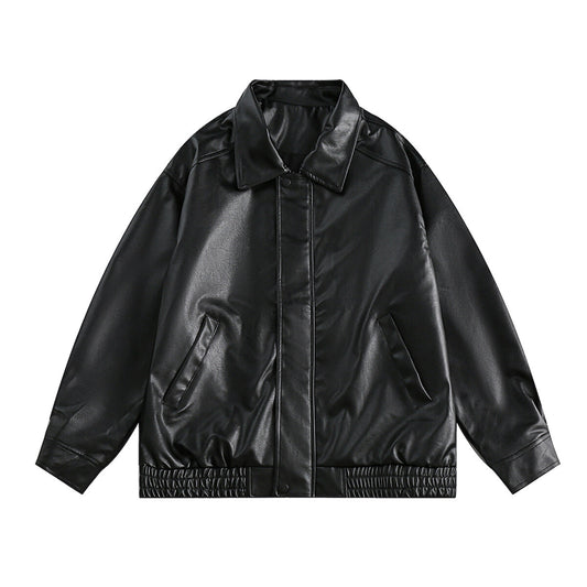 YOUTHUP Mens Simple Casual Leather Long Sleeve Lapel Solid Color Jacket