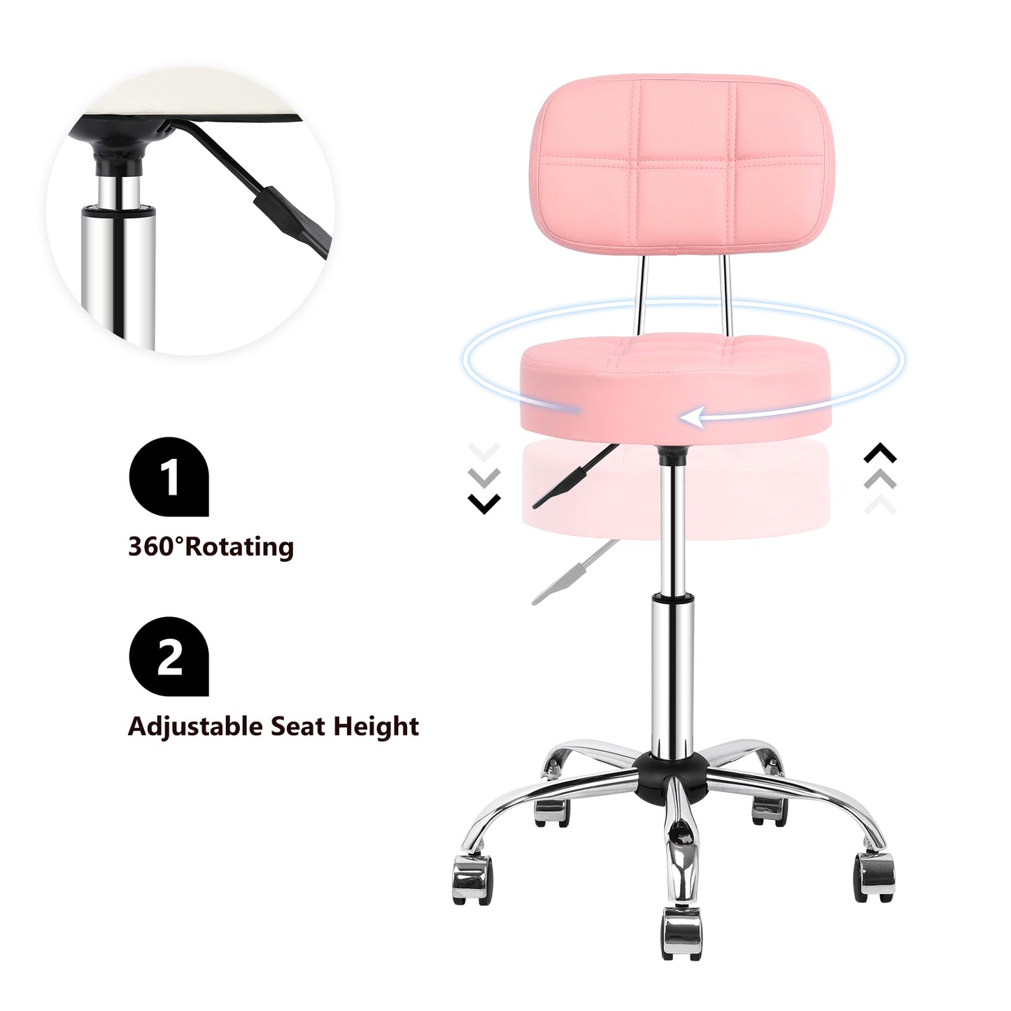 Tabouret de Bar Rond à roulettes Pivotant 360° de Massage  EN HAUTEUR REGLABLE pour SPA ,Salon ,Salle ,Médicale Rose