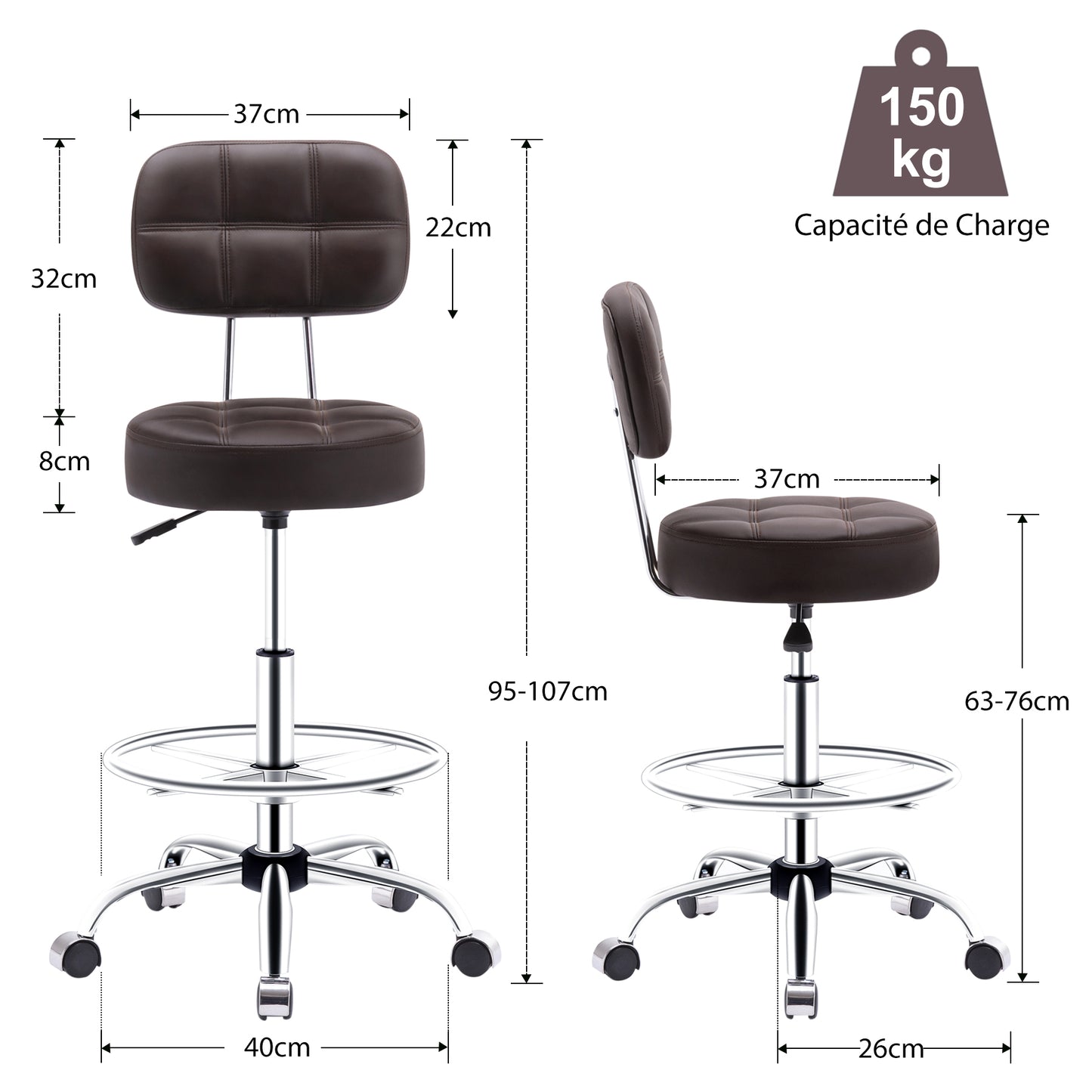 Tabouret roulettes avec Dossier et Anneau en Métal, Tabouret  Rotation à 360° Hauteur Réglable 63-76cm, Tabouret Ergonomique Brun
