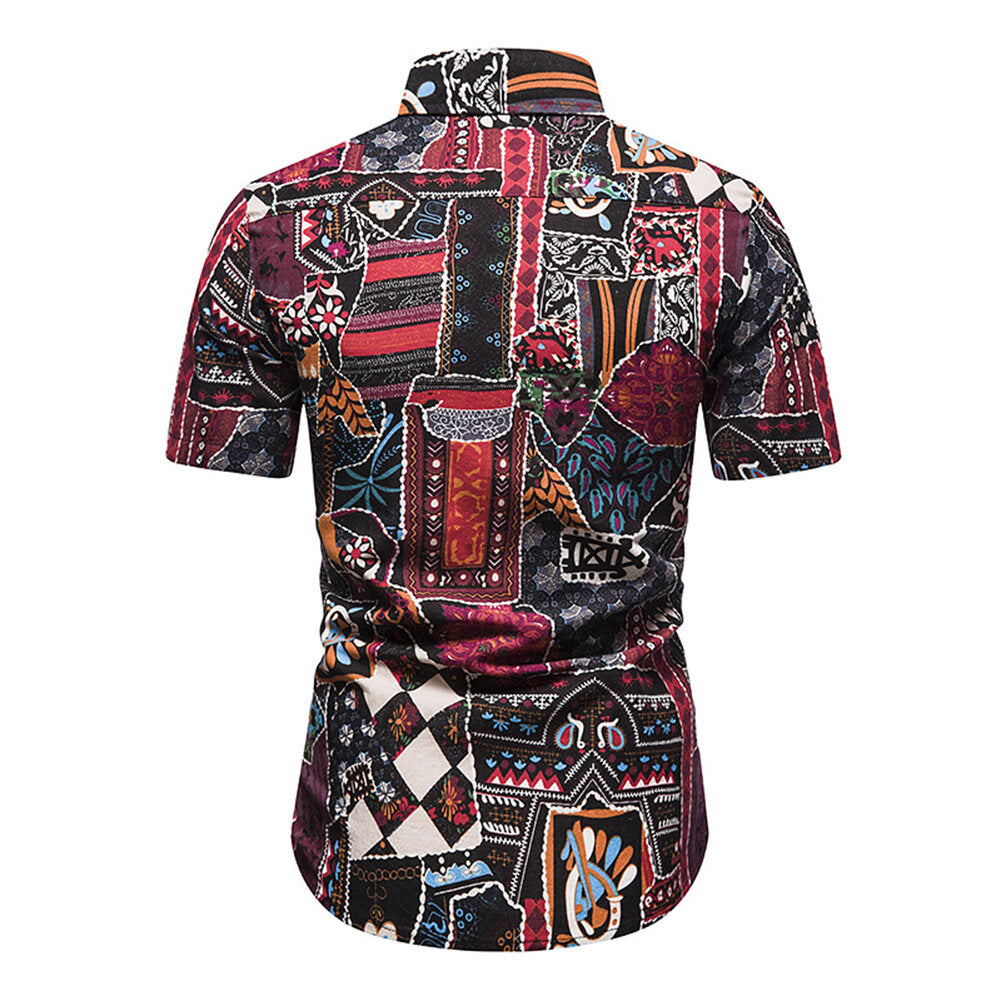 Youthup Mens Ethnic Style Printed Short Sleeve Shirt