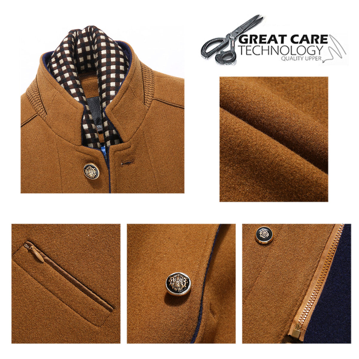 Youthup Mens Slim Fit Double Collar Wool Coat