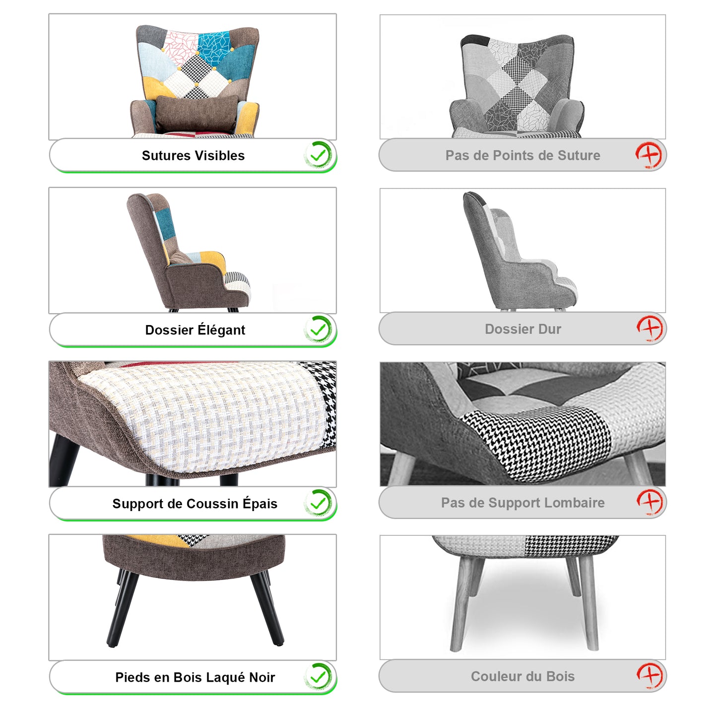 Fauteuil Patchwork Scandinave  avec pieds-repose, Oreiller lombaire  Pieds Bois Massif ,Salon Balcon Tissu en Lin  Multicolore