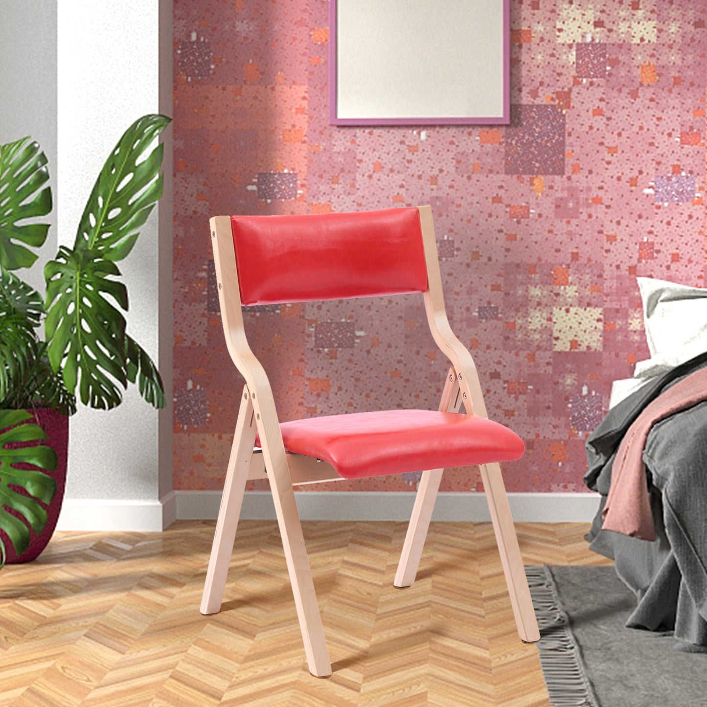 Lot de 2 Chaises Pliantes , Assise rembourrée en Cuir+Jambes en Bois Massif pour Salle à Manger, Salon, Balcon 48x42x80cm Rouge