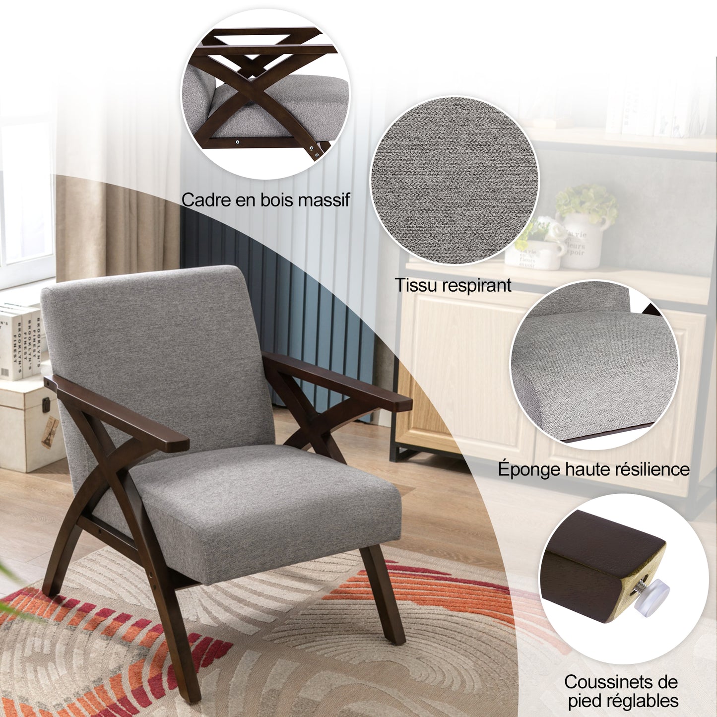 Fauteuil en Bois Massif  Fauteuil avec Conception d'Accoudoir en Forme X, Dossier Ergonomique pour bureau,chambre,salon, Gris