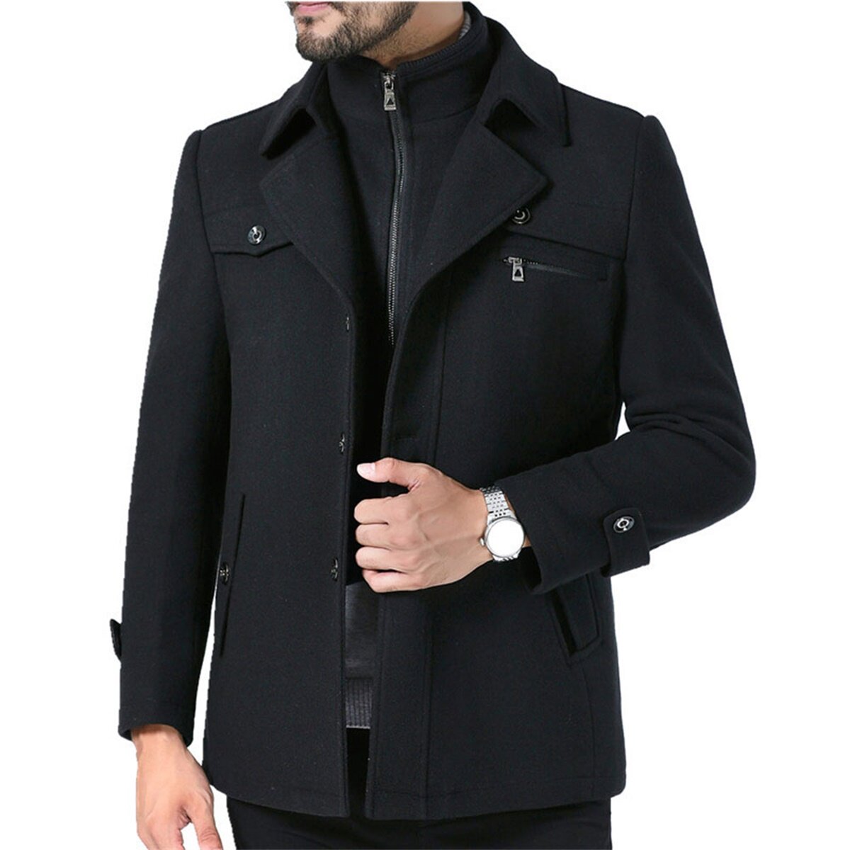 Youthup Mens Short Overcoat Fake Two-Piece Wool Jacket