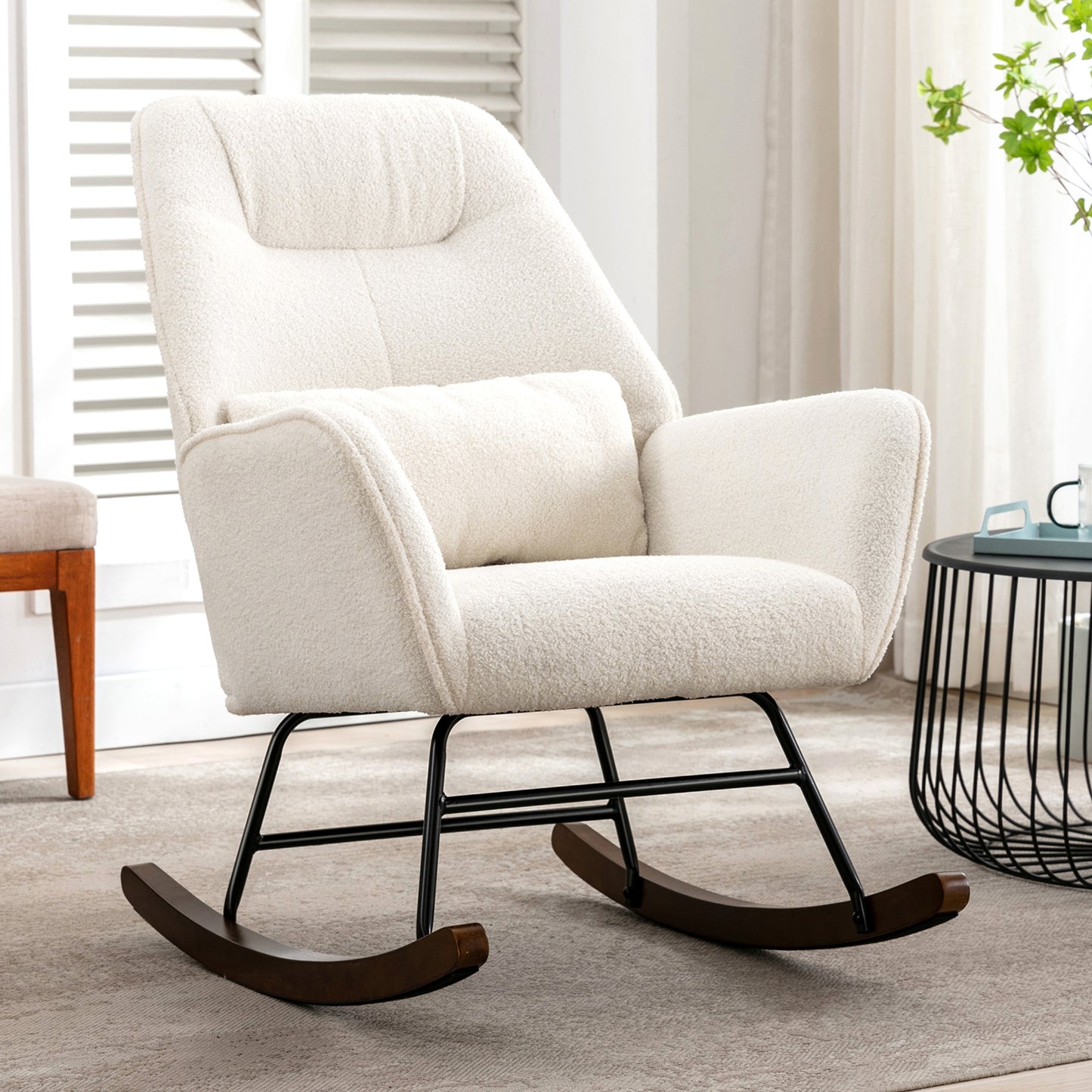 Fauteuil à Bascule en Laine d'agneau Fauteuil en Laine Moderne, Chaise à Bascule Confortable avec Pieds en Bois Massif  Beige