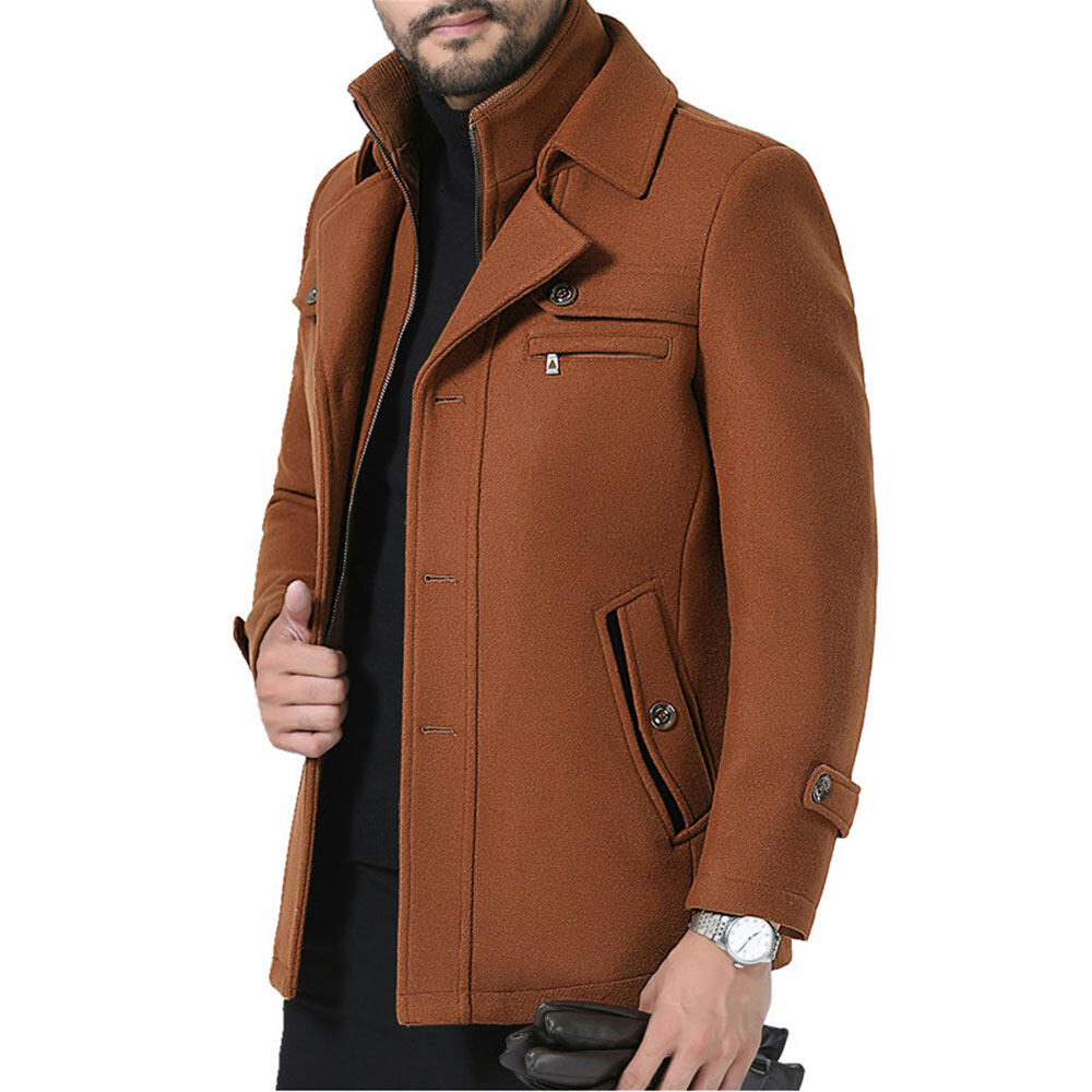 Youthup Mens Short Overcoat Fake Two-Piece Wool Jacket