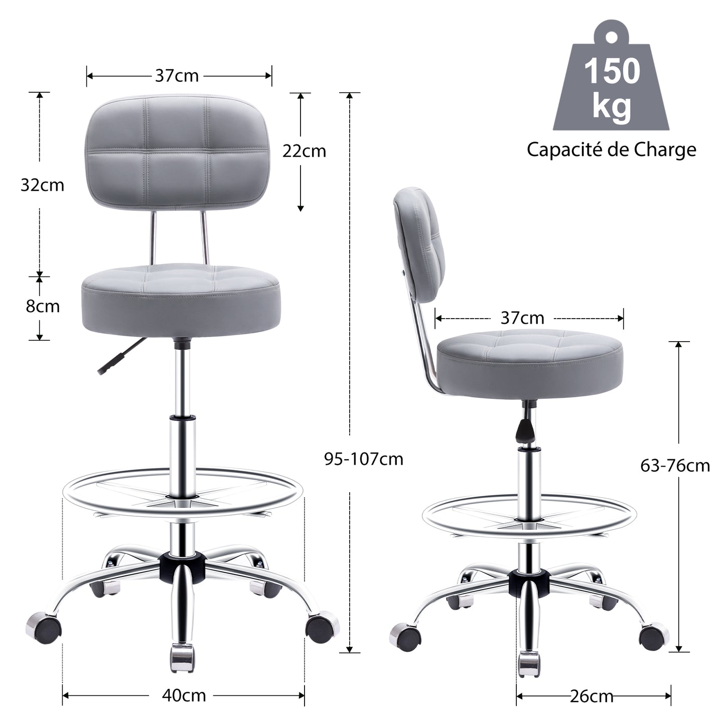 Tabouret roulettes avec Dossier et Anneau en Métal, Tabouret  Rotation à 360° Hauteur Réglable 63-76cm, Tabouret Ergonomique Gris