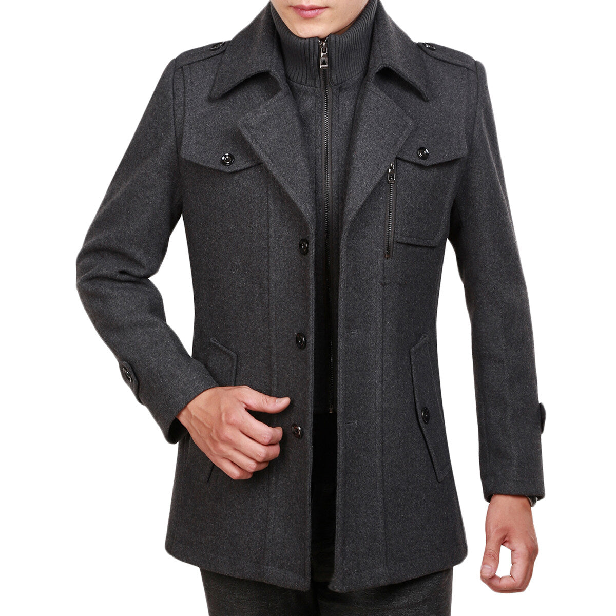 Youthup Mens Fake Two-Piece Neck Slim Fit Wool Pea Coat