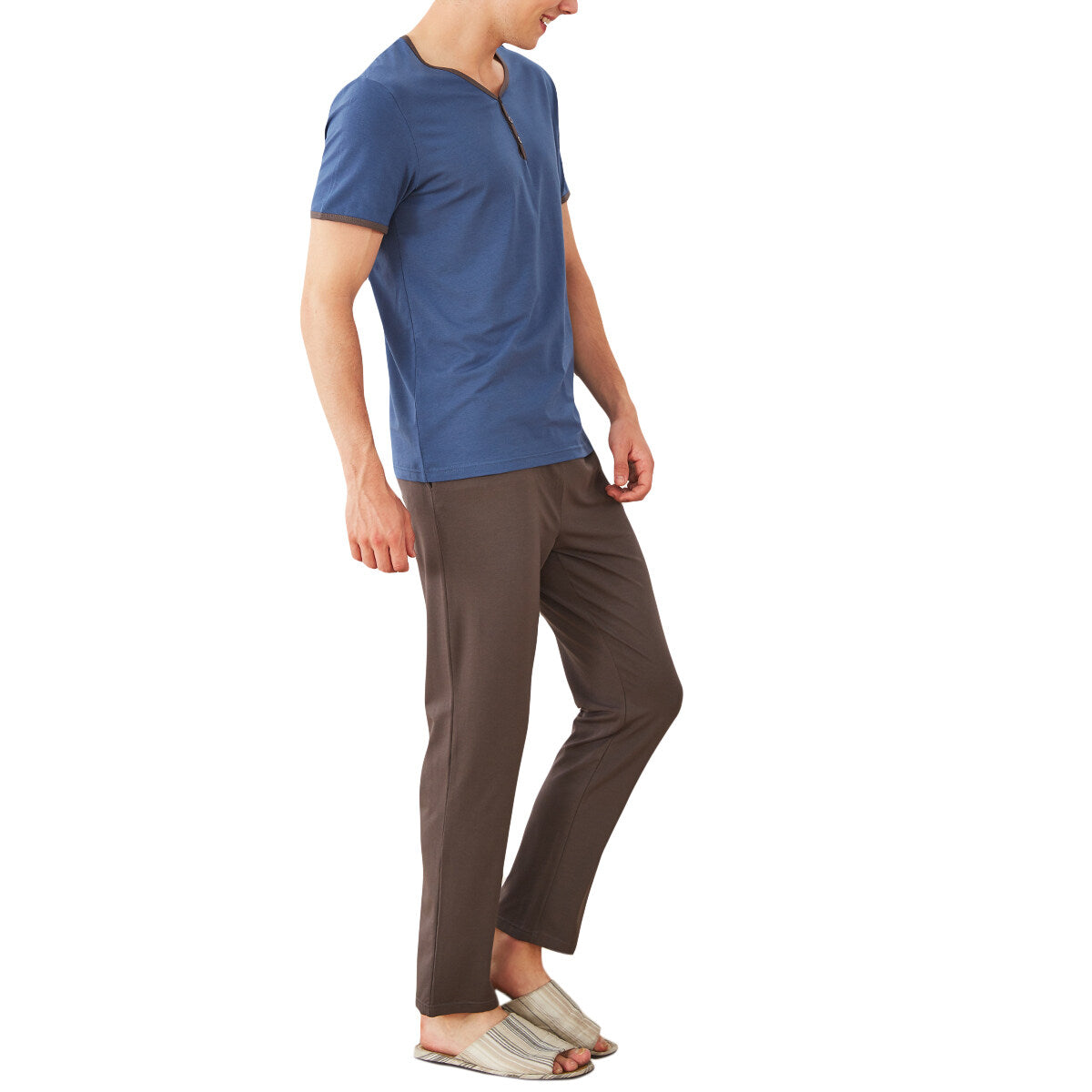 YOUTHUP Mens 2 Piece Loungewear Set Cotton Patchwork Short Sleeve Top and Long Bottoms