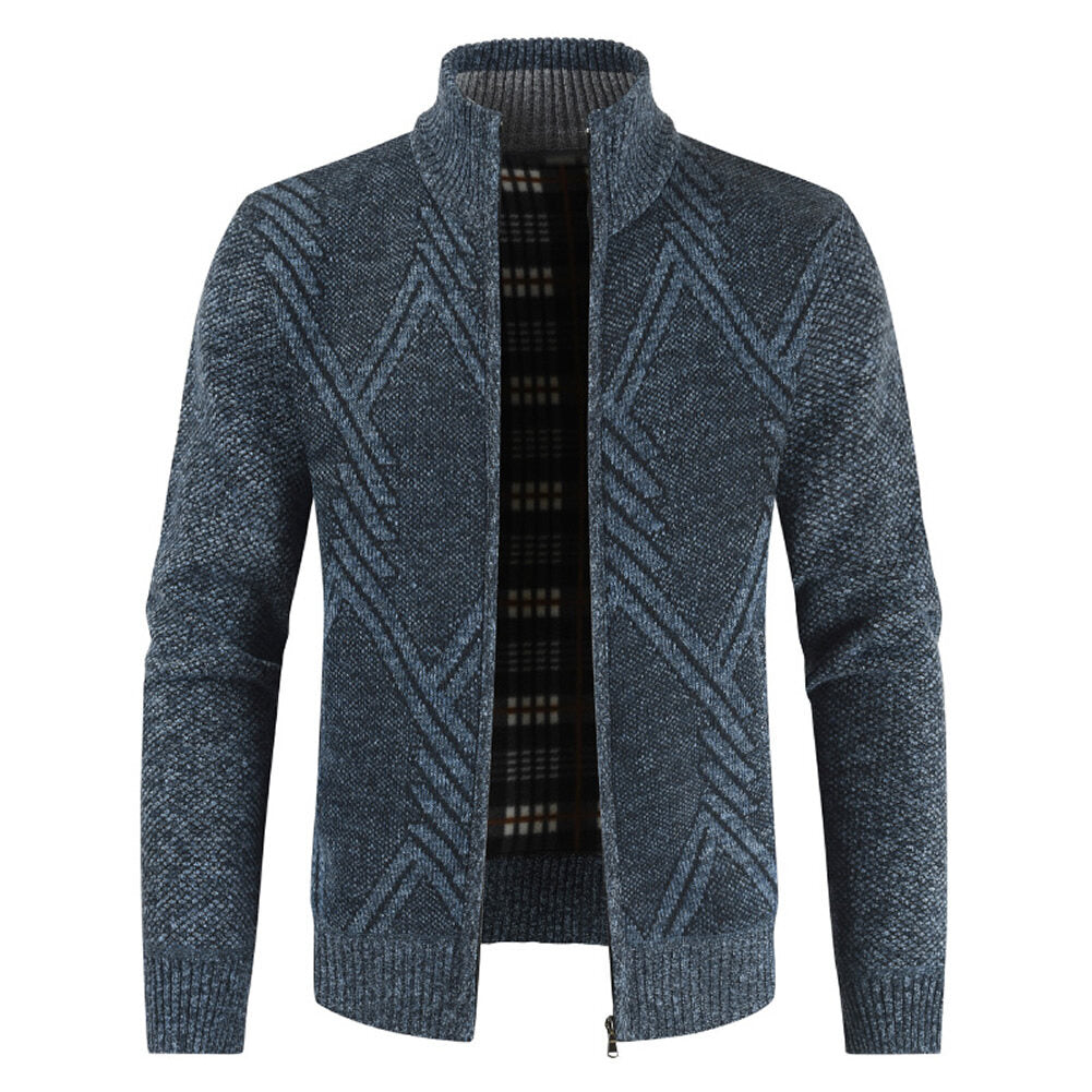 Youthup Mens Fleece Stand Collar Geometric Pattern Knitted Cardigan