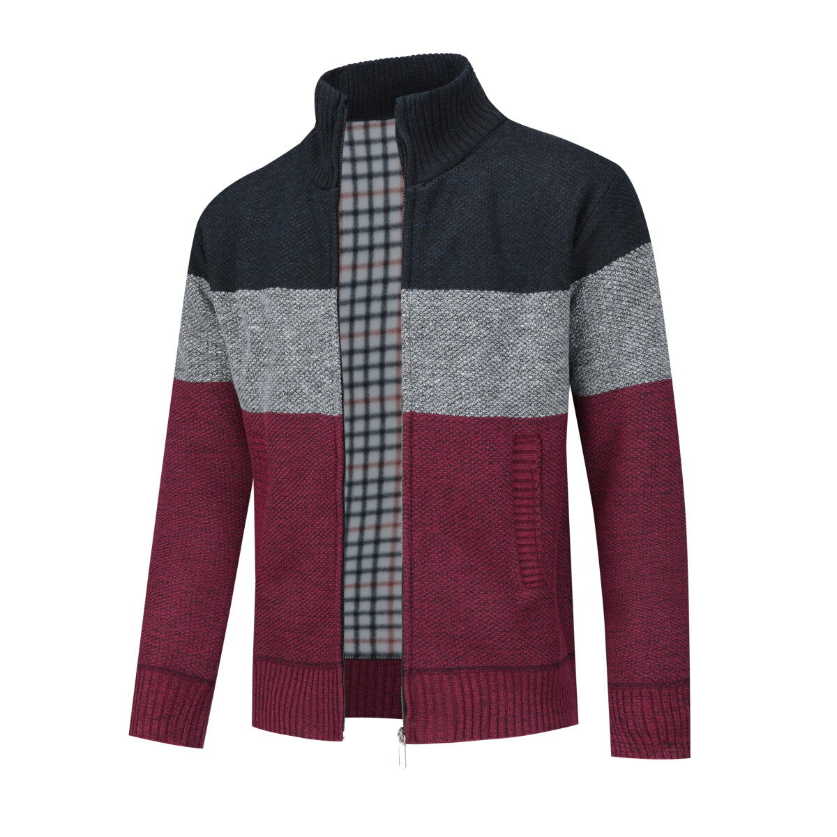 Youthup Mens Stand Collar Sweater Color Block Knit Cardigan