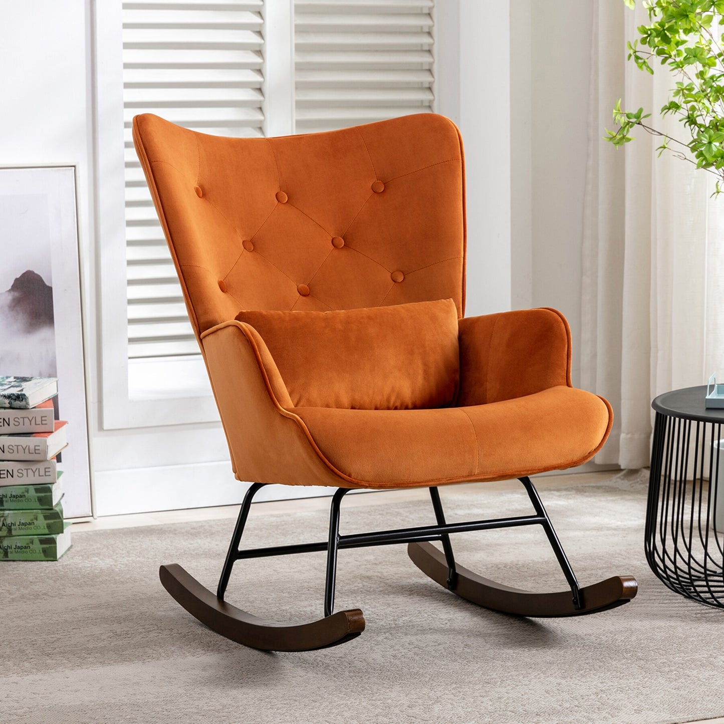Cadeira de Balanço HomeMiYN com Banco Acompanhante (87x66x90cm - Metal/Madeira - caramelo)