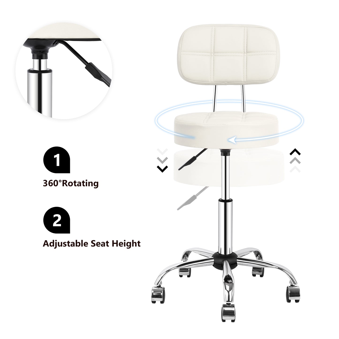 Tabouret de Bar Rond à roulettes Pivotant 360° de Massage  EN HAUTEUR REGLABLE pour SPA ,Salon ,Salle ,Médicale Blanc