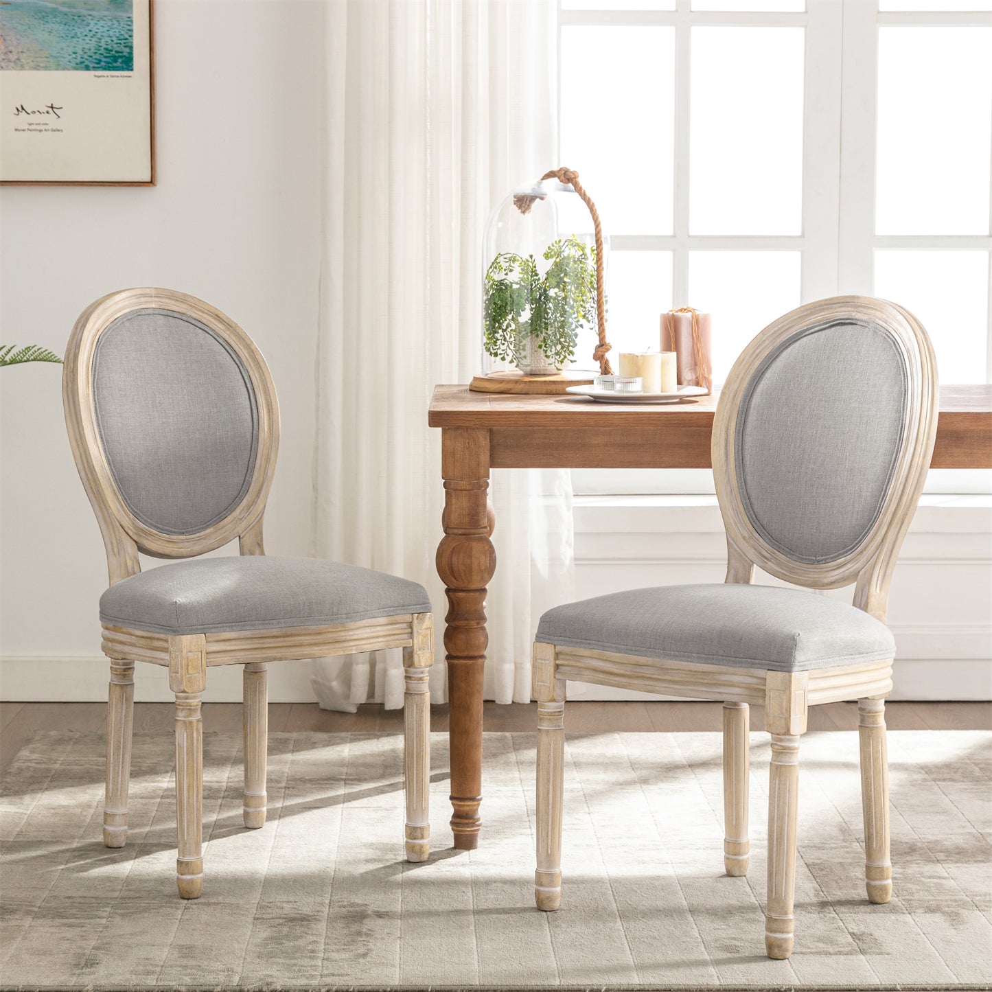 Chaise Médaillon Lot de 2, Chaise de Salle à Manger de Style Louis-XVI en Tissu Lin,Chaises de Dîner Dossier Doux,Gris