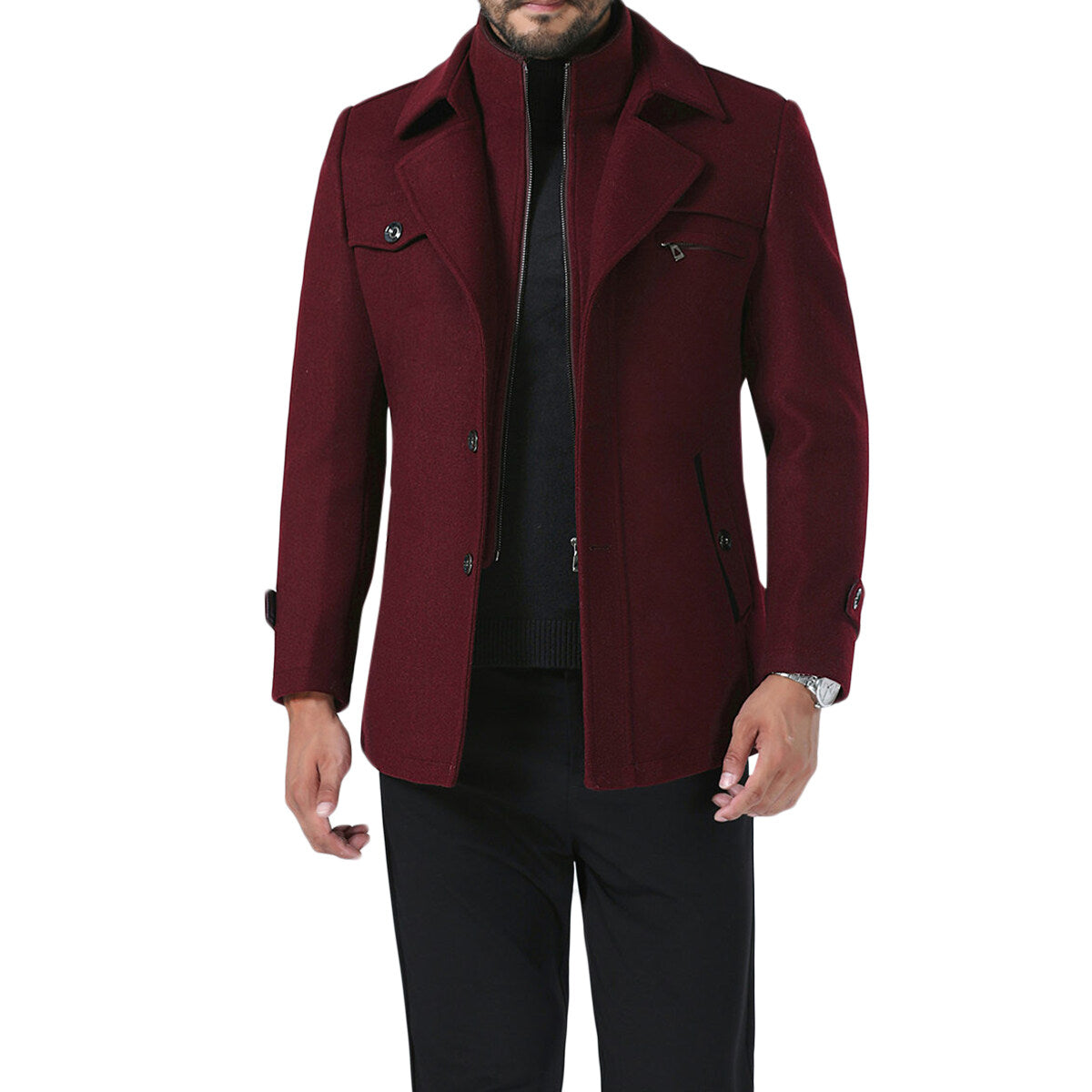 Youthup Mens Short Overcoat Fake Two-Piece Wool Jacket