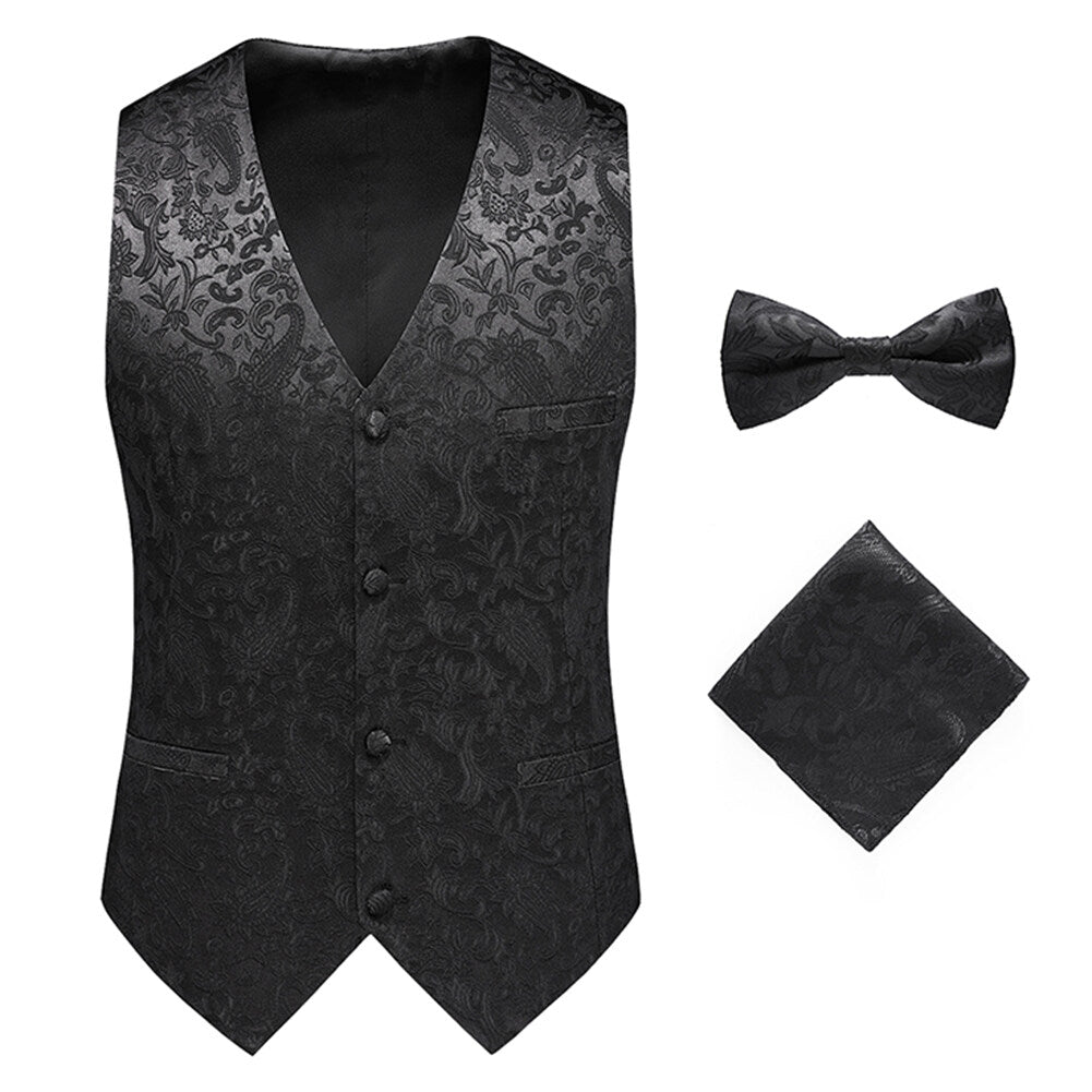 Youthup Mens 3Pce Paisley Dress Vest and Bow Tie Set and Pocket Square