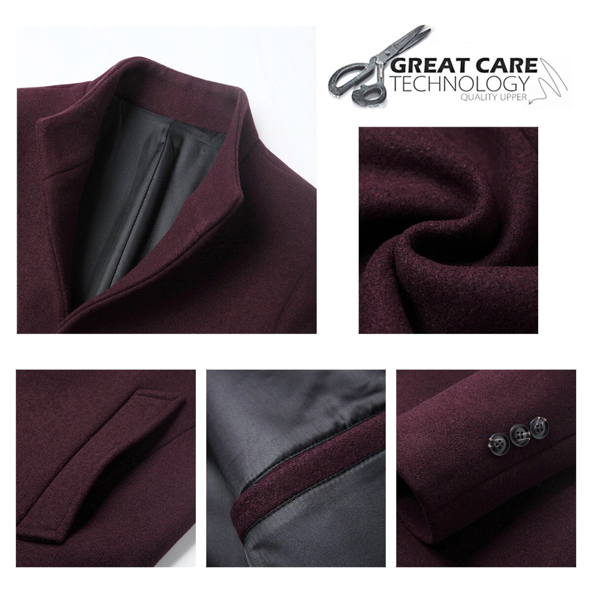 Youthup Mens Slim-Fit Stand Collar Woolen Coat