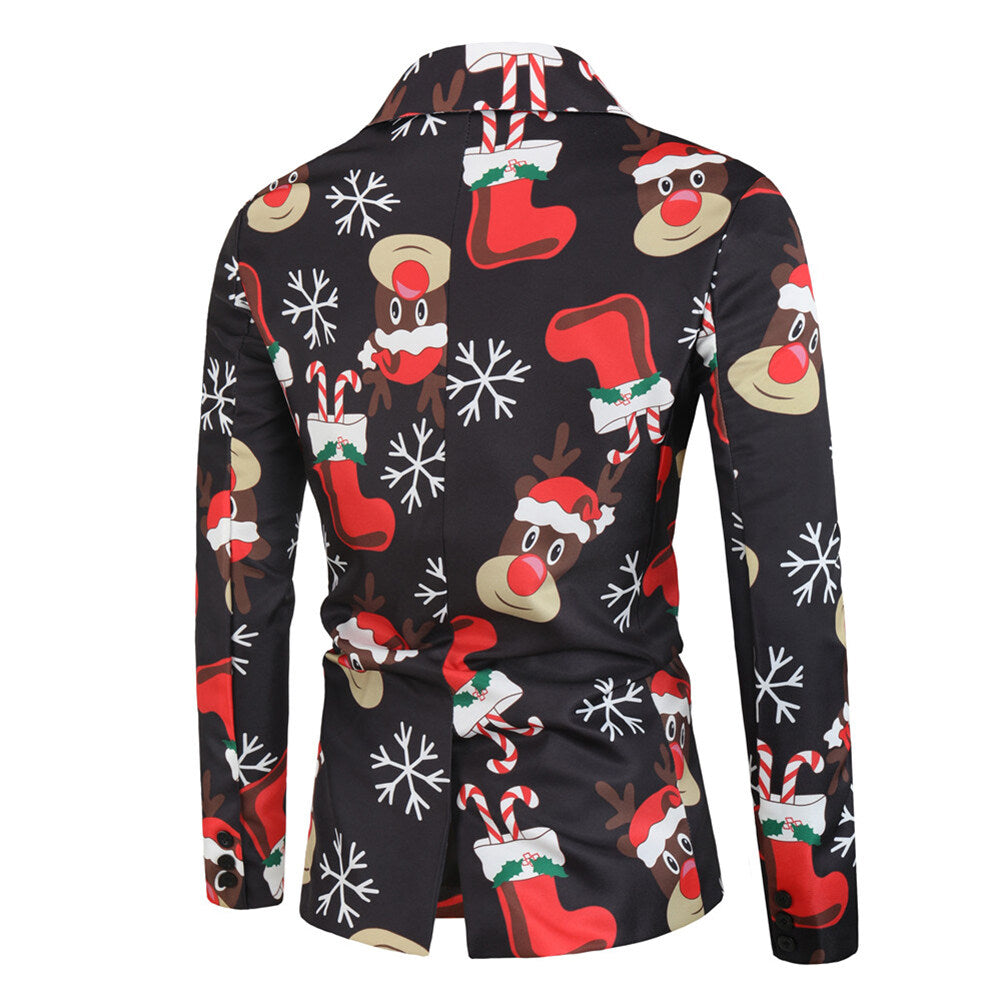 YOUTHUP Mens 3 Piece Suit Christmas Elk Print Single Breasted Holiday Dress for Dinner or Party