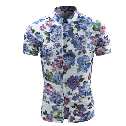 Youthup Mens Short-sleeved Flower Print Button Shirt