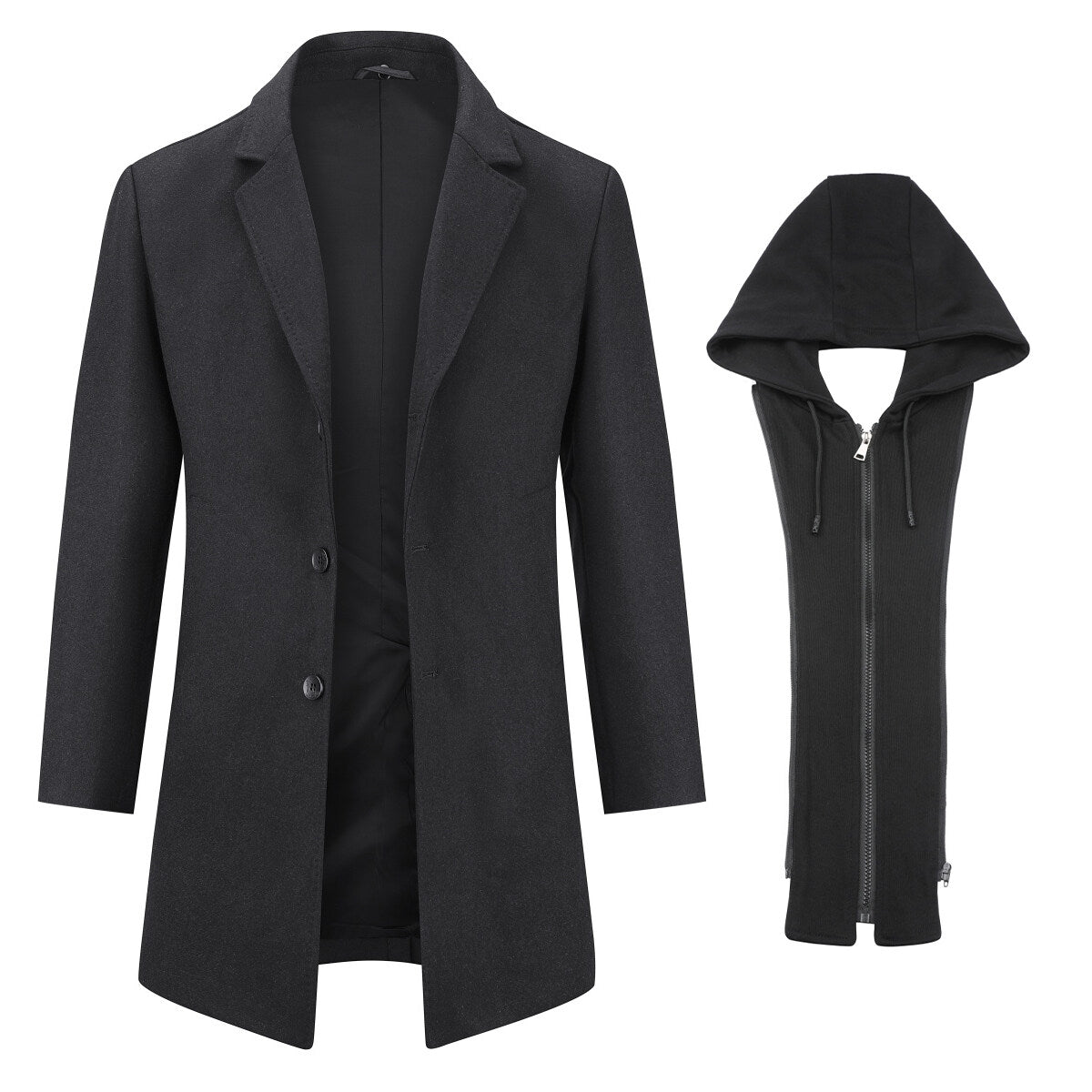 Youthup Mens Slim Fit Wool Coat Elegant Removable Hood Trench Overcoat