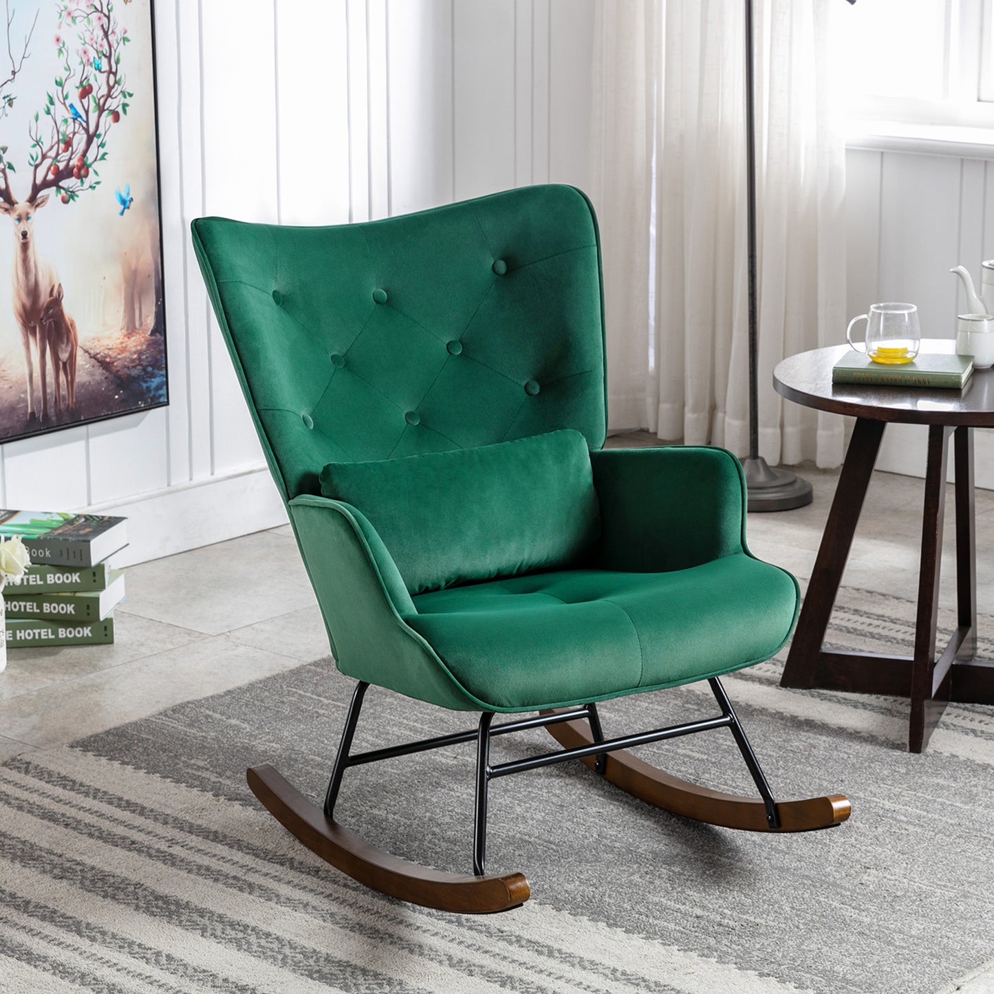 Fauteuil à Bascule  Rembourré en Velours Moderne  pour Salon, Chaise à Bascule à Dossier Haut avec Pieds en Bois, Vert Foncé
