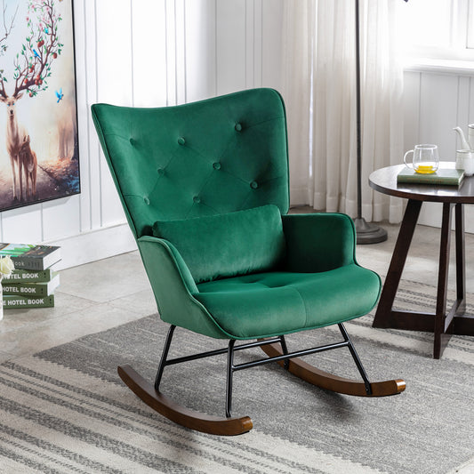 Fauteuil à Bascule  Rembourré en Velours Moderne  pour Salon, Chaise à Bascule à Dossier Haut avec Pieds en Bois, Vert Foncé