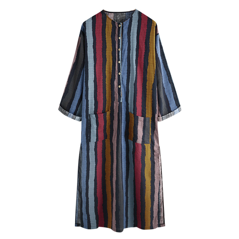 Youthup Mens Striped Color Block Robe Lightweight Cotton Long Nightdress
