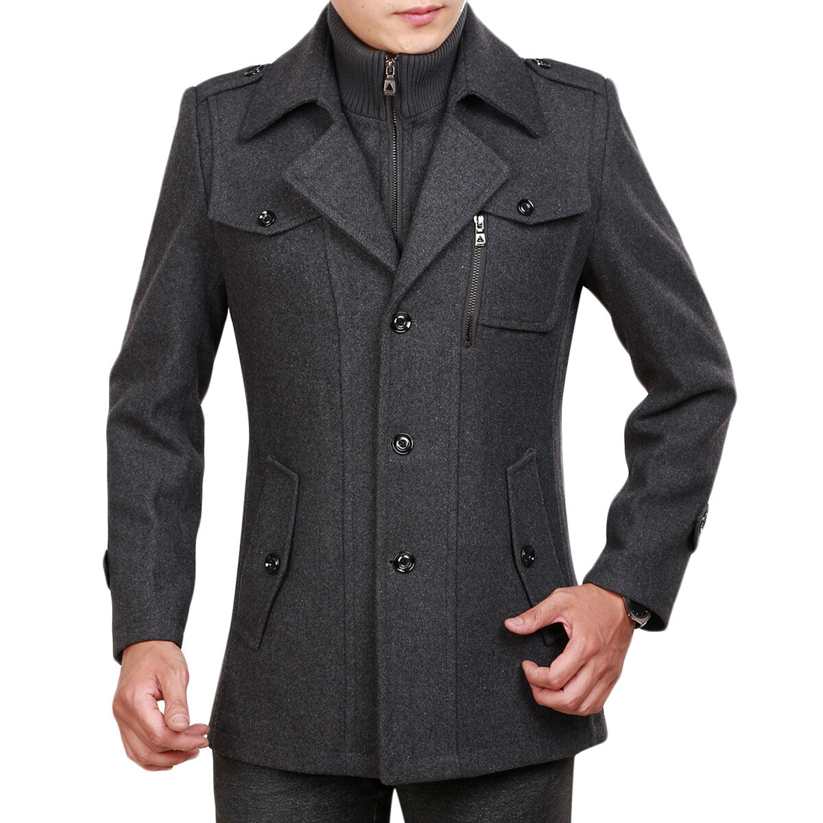 Youthup Mens Fake Two-Piece Neck Slim Fit Wool Pea Coat