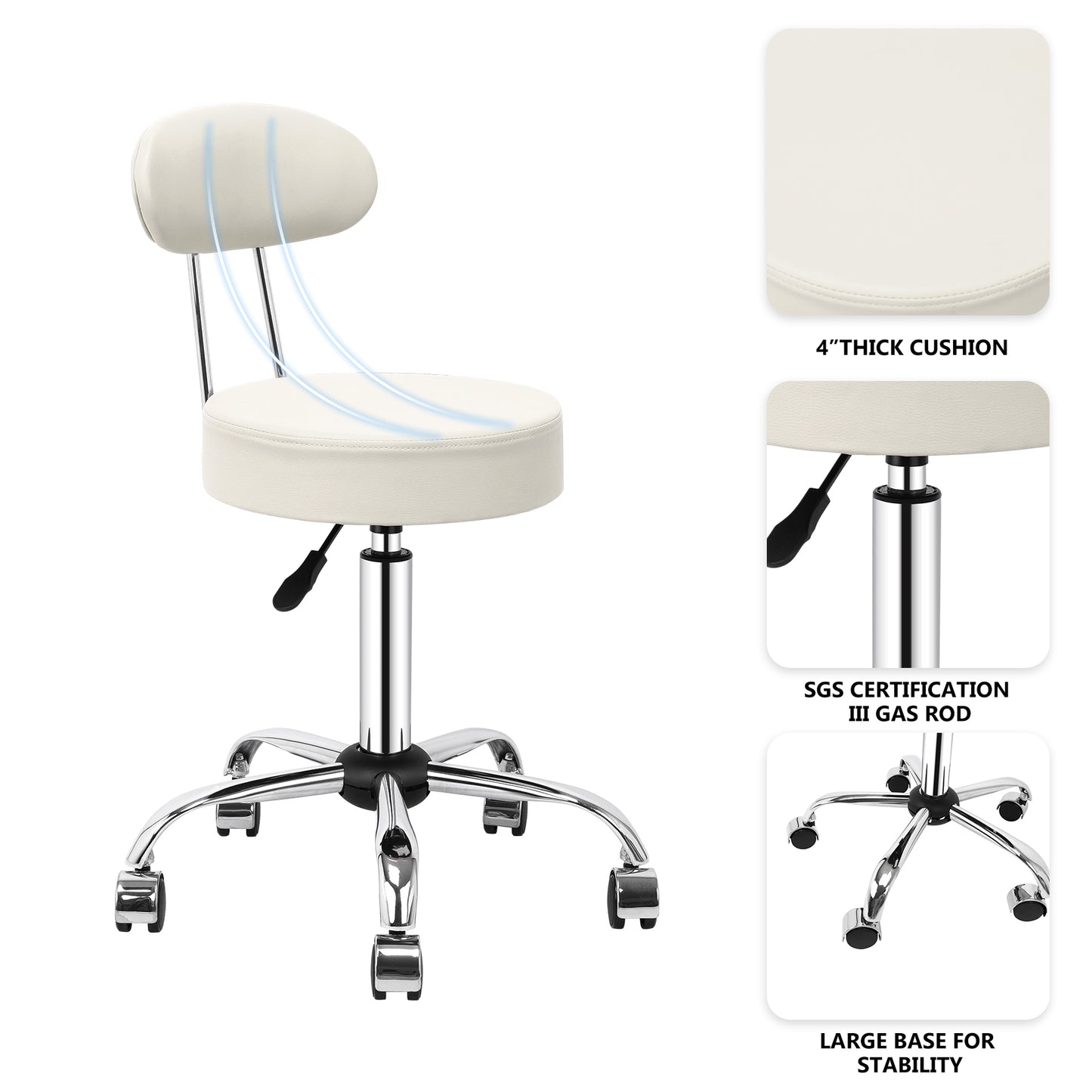 Tabouret de Bar Rond à roulettes Pivotant 360° de Massage  EN HAUTEUR REGLABLE pour SPA ,Salon ,Salle ,Médicale Blanc