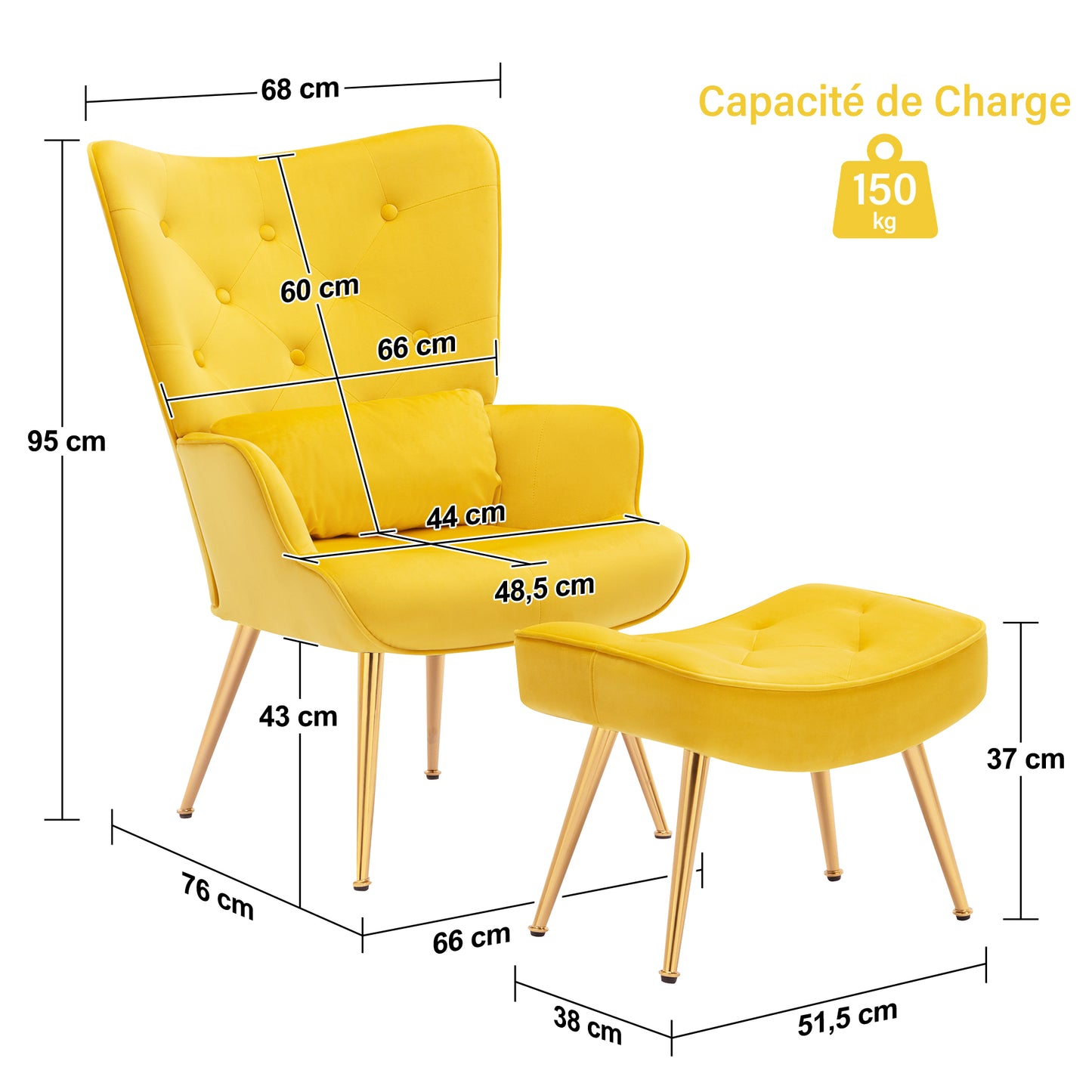 Fauteuil Scandinave avec Repose-Pieds,Support Lombaire et Pieds en Métal, Fauteuil Ergonomique Boutonnée de Dossier Jaune