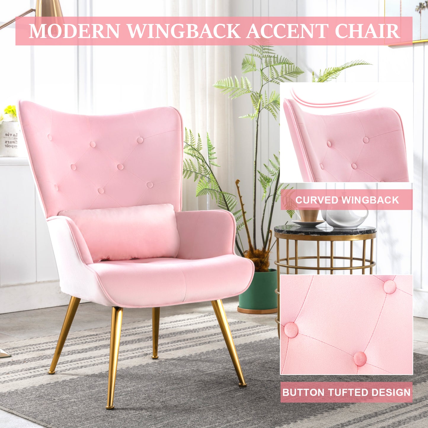 Fauteuil de Salon Scandinave avec Oreiller Lombaire Fauteuil Style Moderne en Tissu Velours pour Salon, Chambre Rose