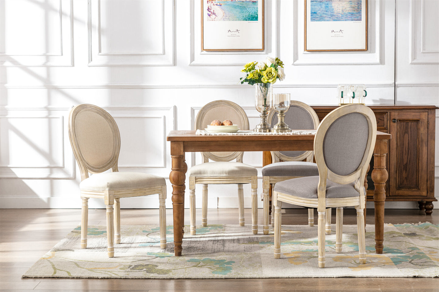 Conjunto de 2 Cadeiras de Jantar HomeMiYN Francesas Barrocas (50x60x94cm - Estofada/Madeira Maciça - BEGE)
