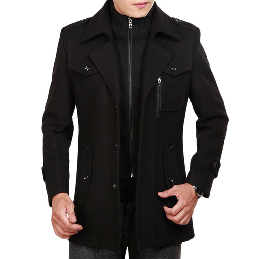 Youthup Mens Fake Two-Piece Neck Slim Fit Wool Pea Coat