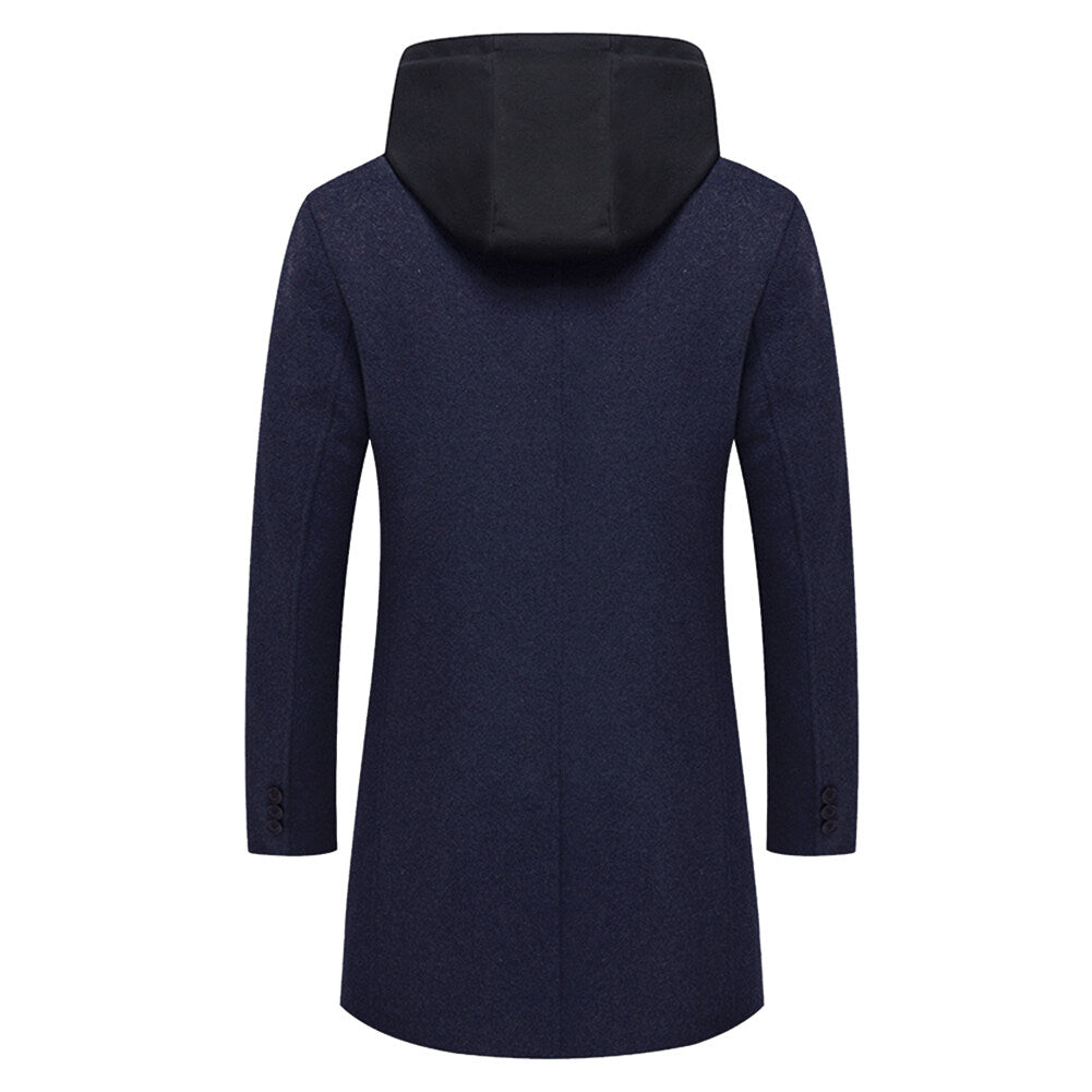 Youthup Mens Slim Fit Wool Coat Elegant Removable Hood Trench Overcoat