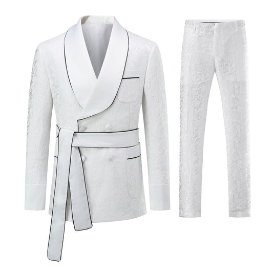 YOUTHUP Mens 3 Piece Jacquard Suit Set Business Banquet Double Breasted Slim Dress Suit