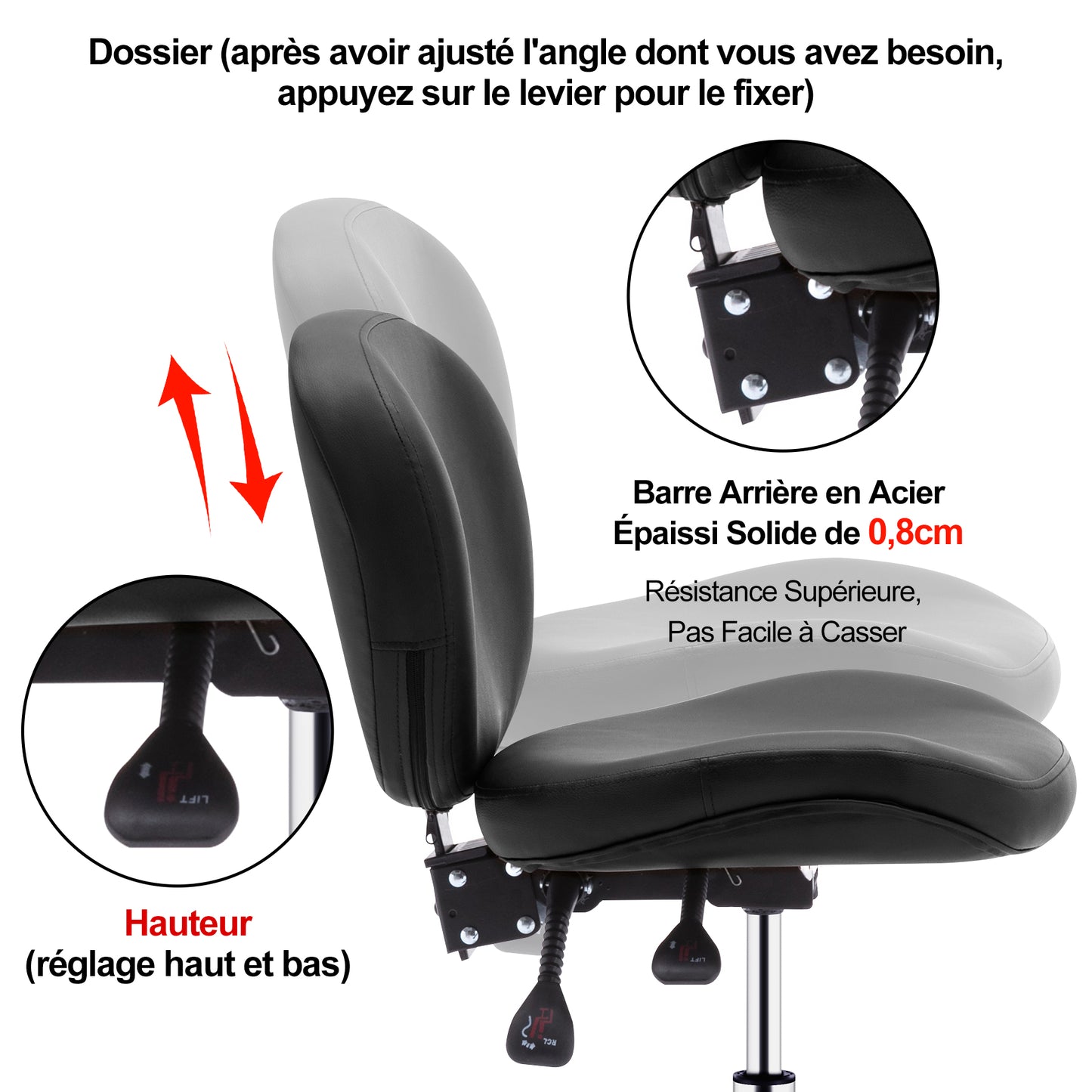 Tabouret roulettes avec Dossier et Anneau en Métal Rotation à 360° Hauteur Réglable 59,5-72,5cm Noir
