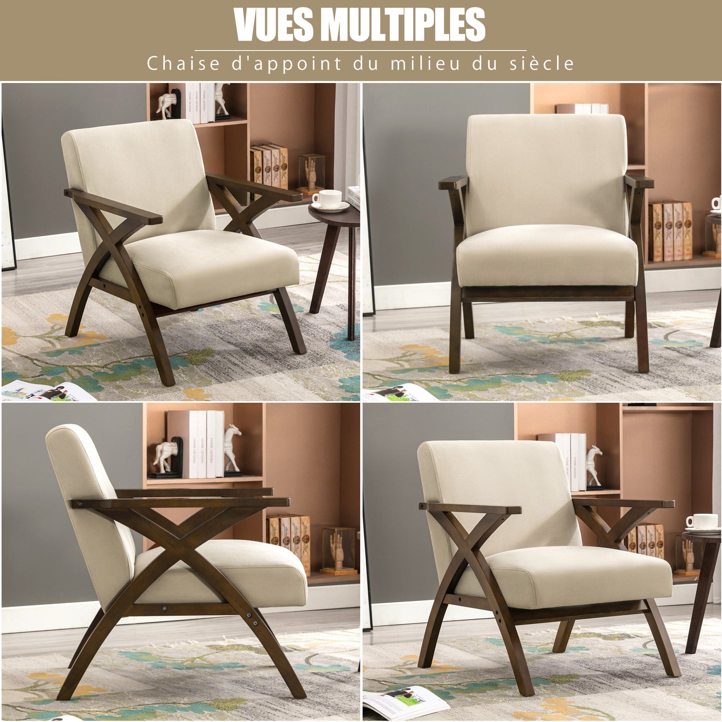Fauteuil en Bois Massif  Fauteuil avec Conception d'Accoudoir en Forme X, Dossier Ergonomique pour bureau,chambre,salon, Marron clair