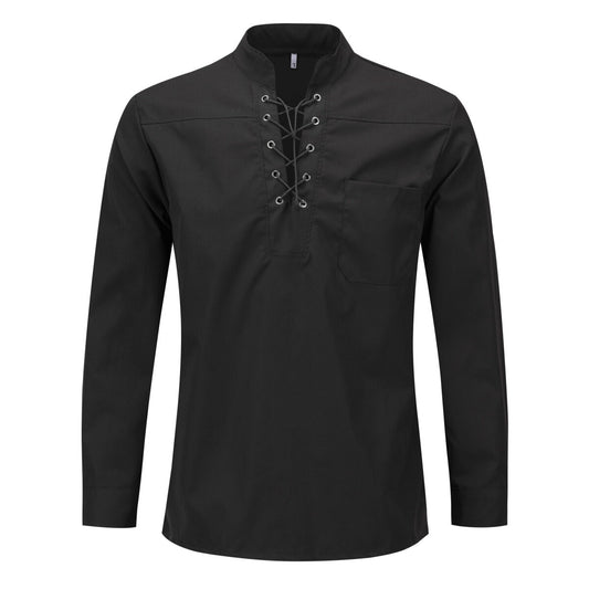 YOUTHUP Mens Casual Solid Color Pullover Shirt Stand Collar Tie Long Sleeves For Daily Outing