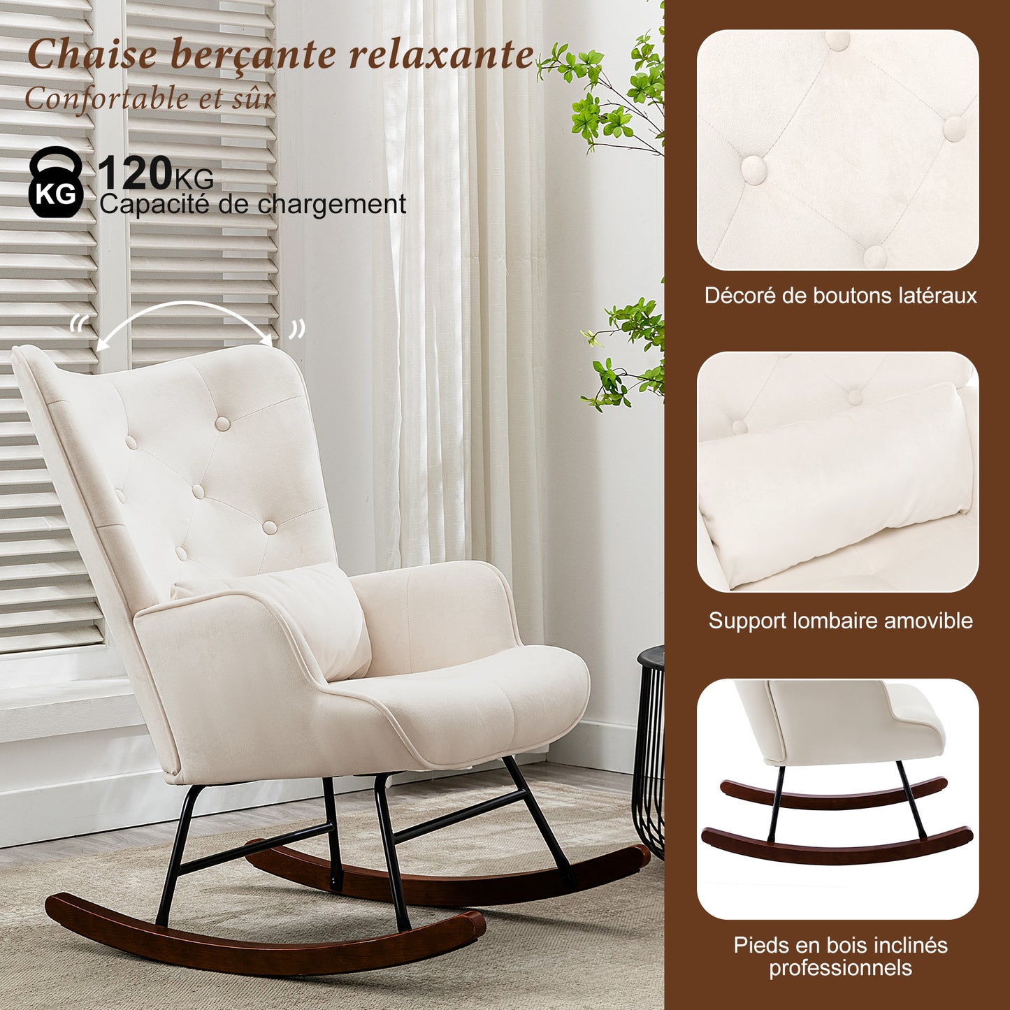 Fauteuil à Bascule  Rembourré en Velours Moderne  pour Salon, Chaise à Bascule à Dossier Haut avec Pieds en Bois, Beige