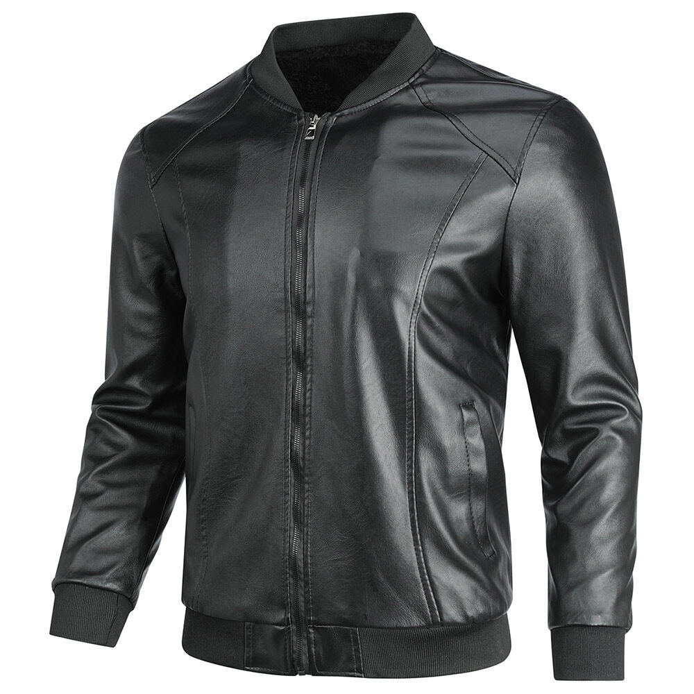 Youthup Mens Winter Round Neck Plush Lined Zipper Leather Jacket
