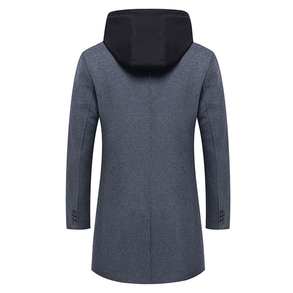 Youthup Mens Slim Fit Wool Coat Elegant Removable Hood Trench Overcoat