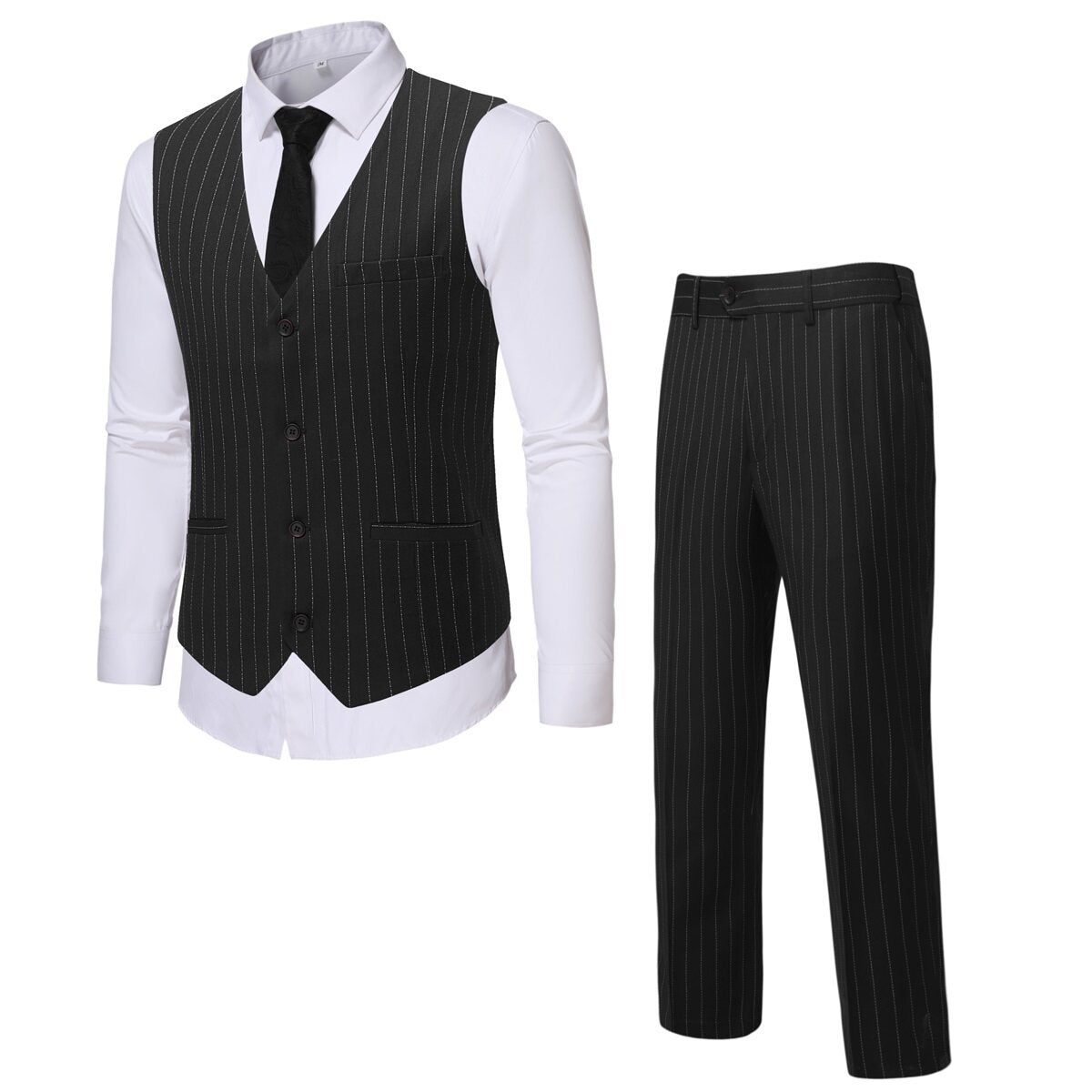YOUTHUP Mens Striped Slim Fit Solid Color Single Breasted Suit Vest and Trousers