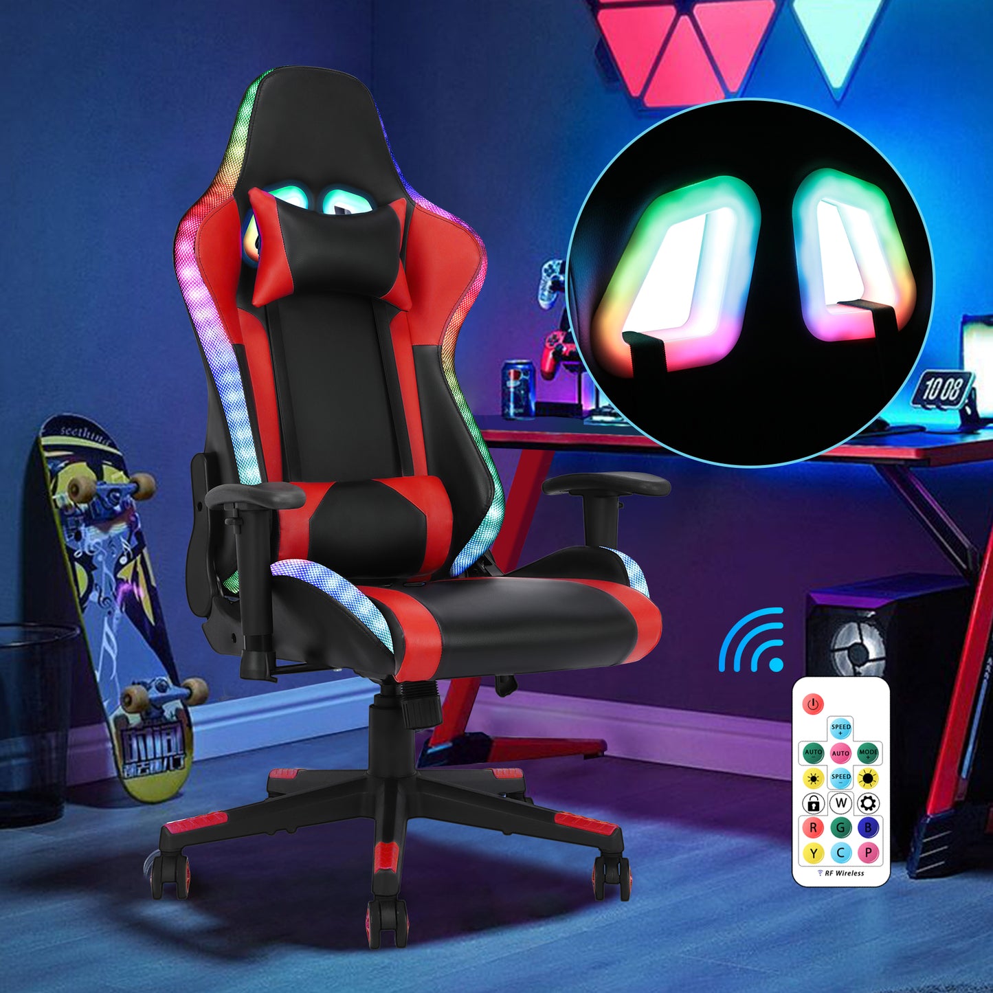 Chaise Gaming RGB Fauteuil Gamer avec Haut-parleur et Bluetooth  Chaise avec Boucle d'oeuil de Siège Luminieux LED Noir et rouge