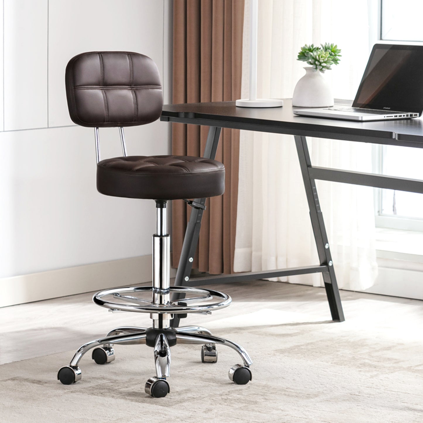 Tabouret roulettes avec Dossier et Anneau en Métal, Tabouret  Rotation à 360° Hauteur Réglable 63-76cm, Tabouret Ergonomique Brun